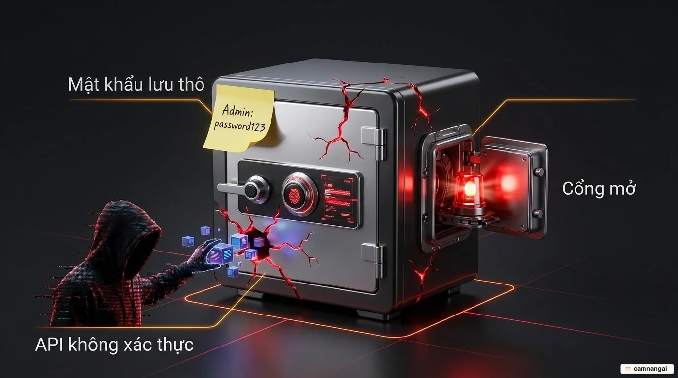 Các rủi ro bảo mật của mã do AI sinh ra: mật khẩu lưu dạng thô, cổng mở và API không xác thực.