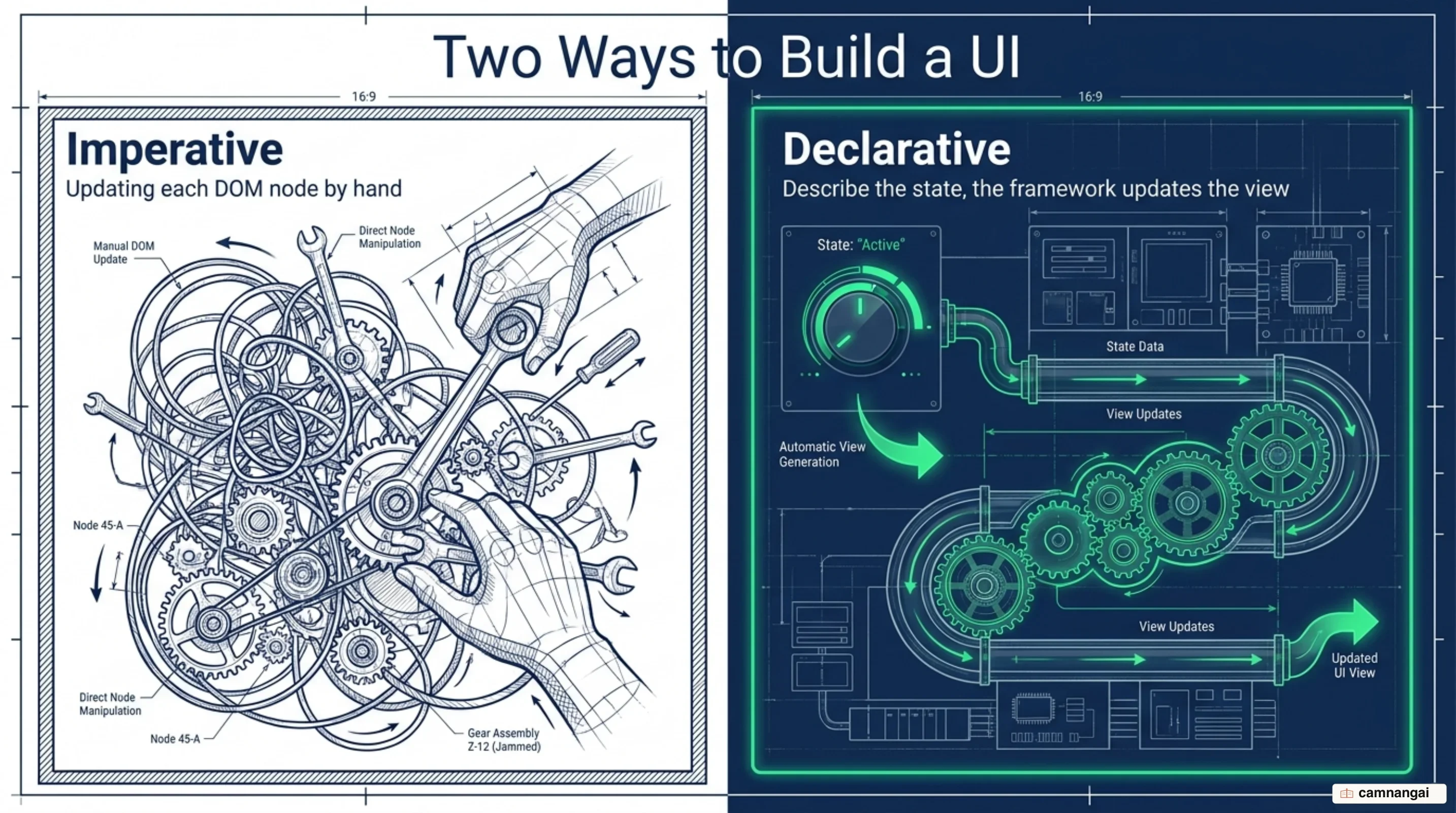 Imperative DOM updates by hand compared with Vue's declarative rendering from state
