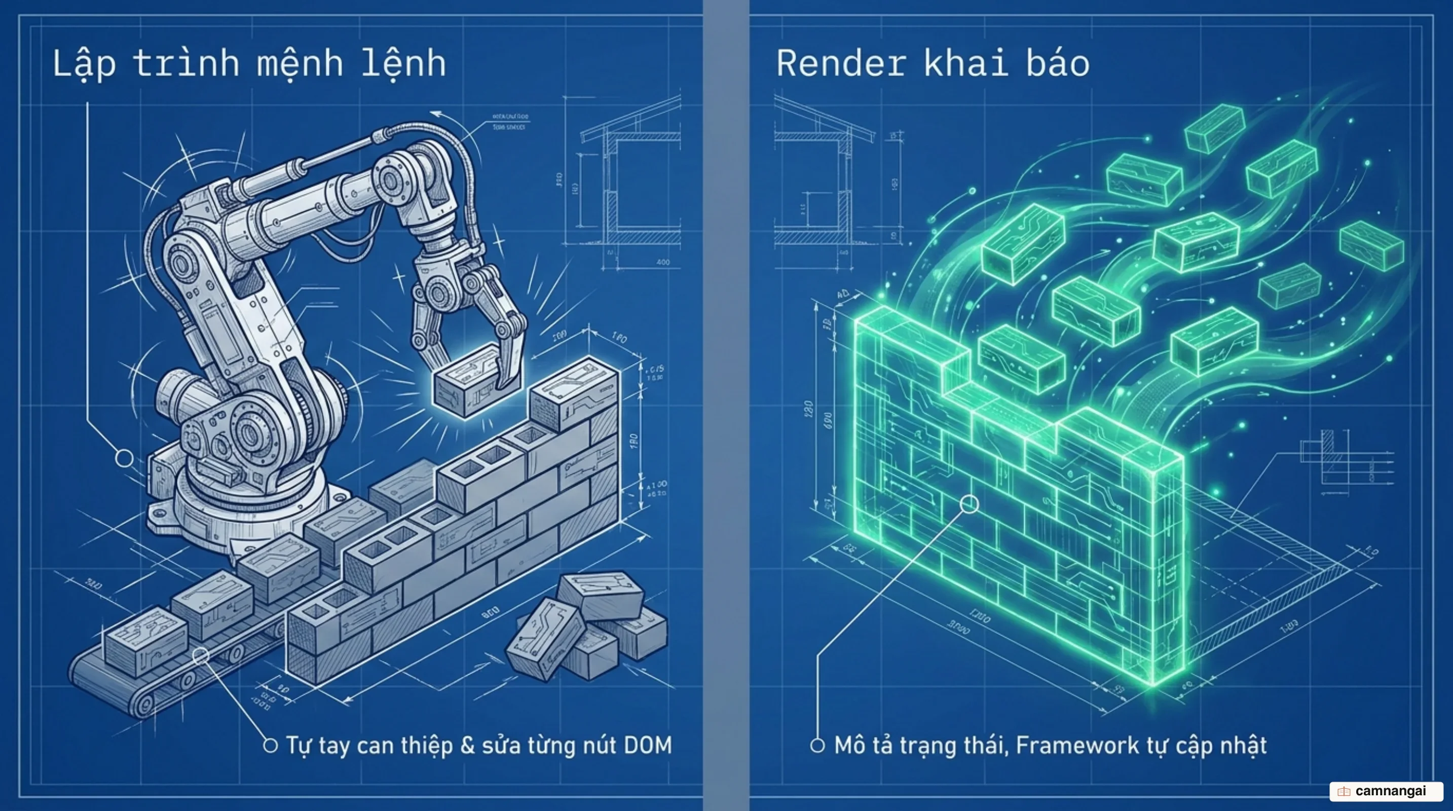 So sánh lập trình mệnh lệnh tự tay sửa DOM với render khai báo mô tả trạng thái trong Vue