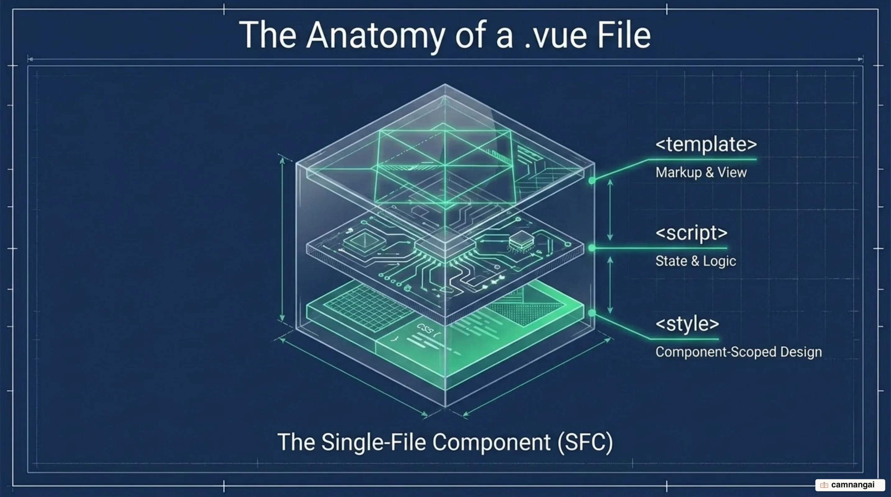 The structure of a .vue file: template, script and style blocks in one Single-File Component