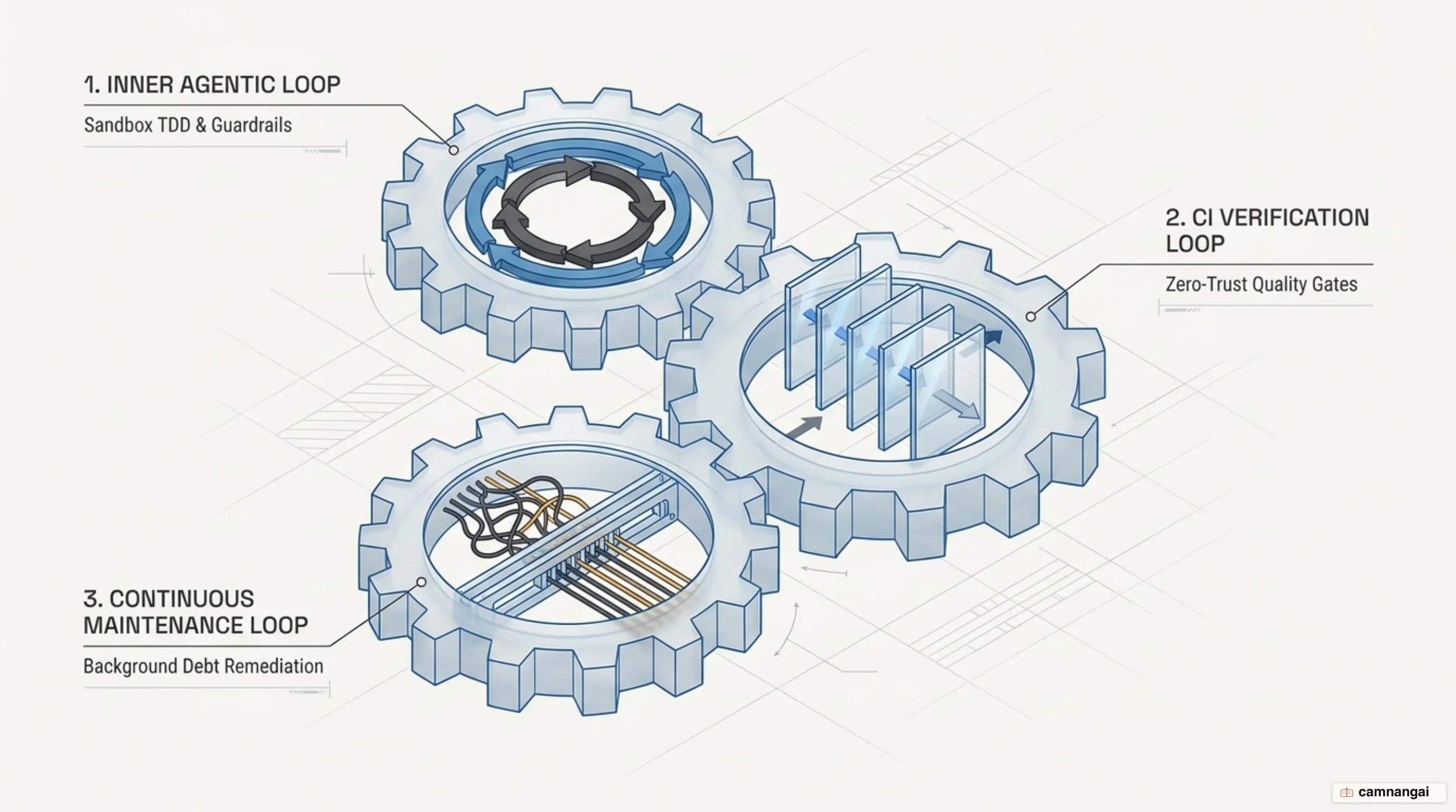 The three-loop verification architecture: Agentic Inner Loop, CI Verification Loop, and Code Maintenance Loop