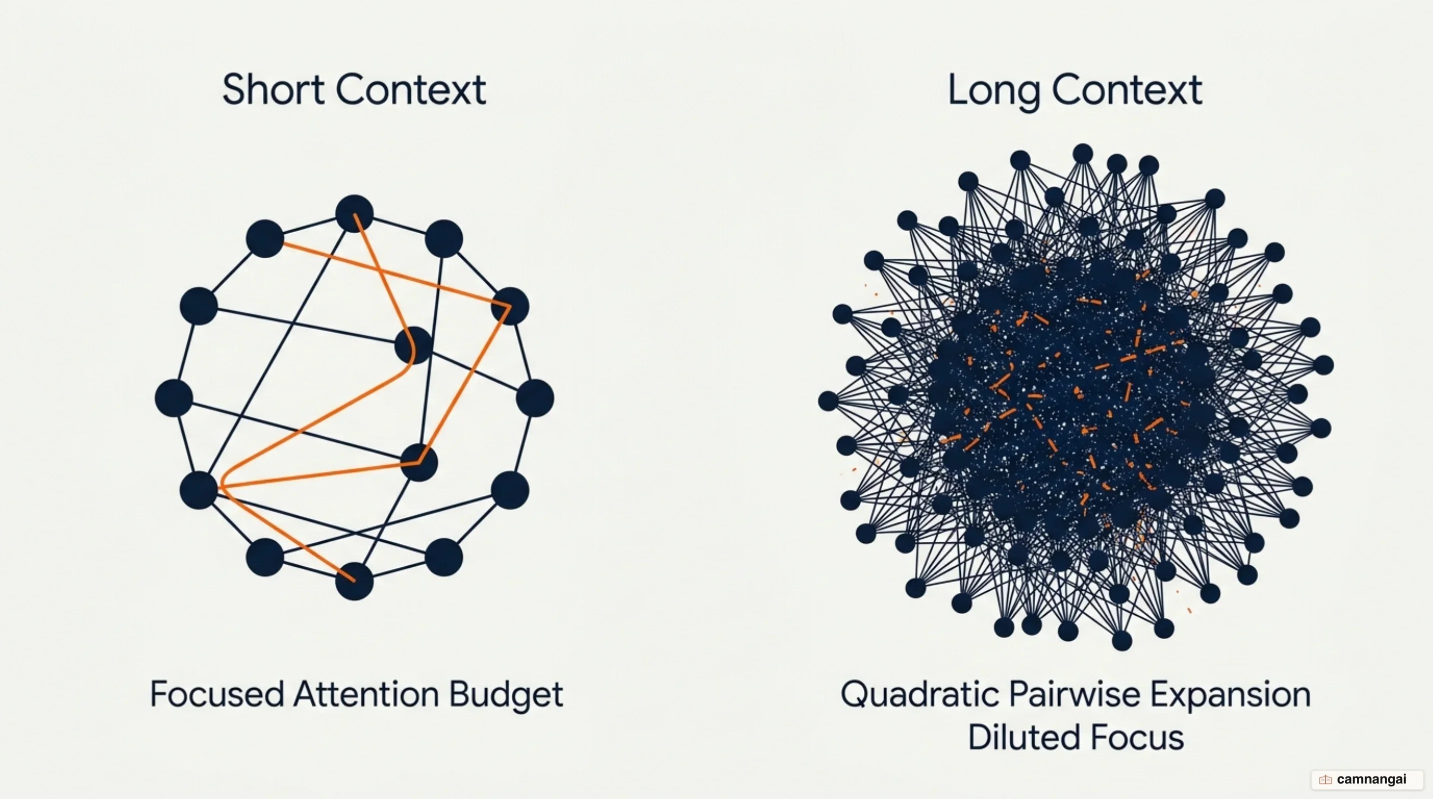 A model's attention budget spread thinner as token count grows, with pairwise relationships expanding quadratically