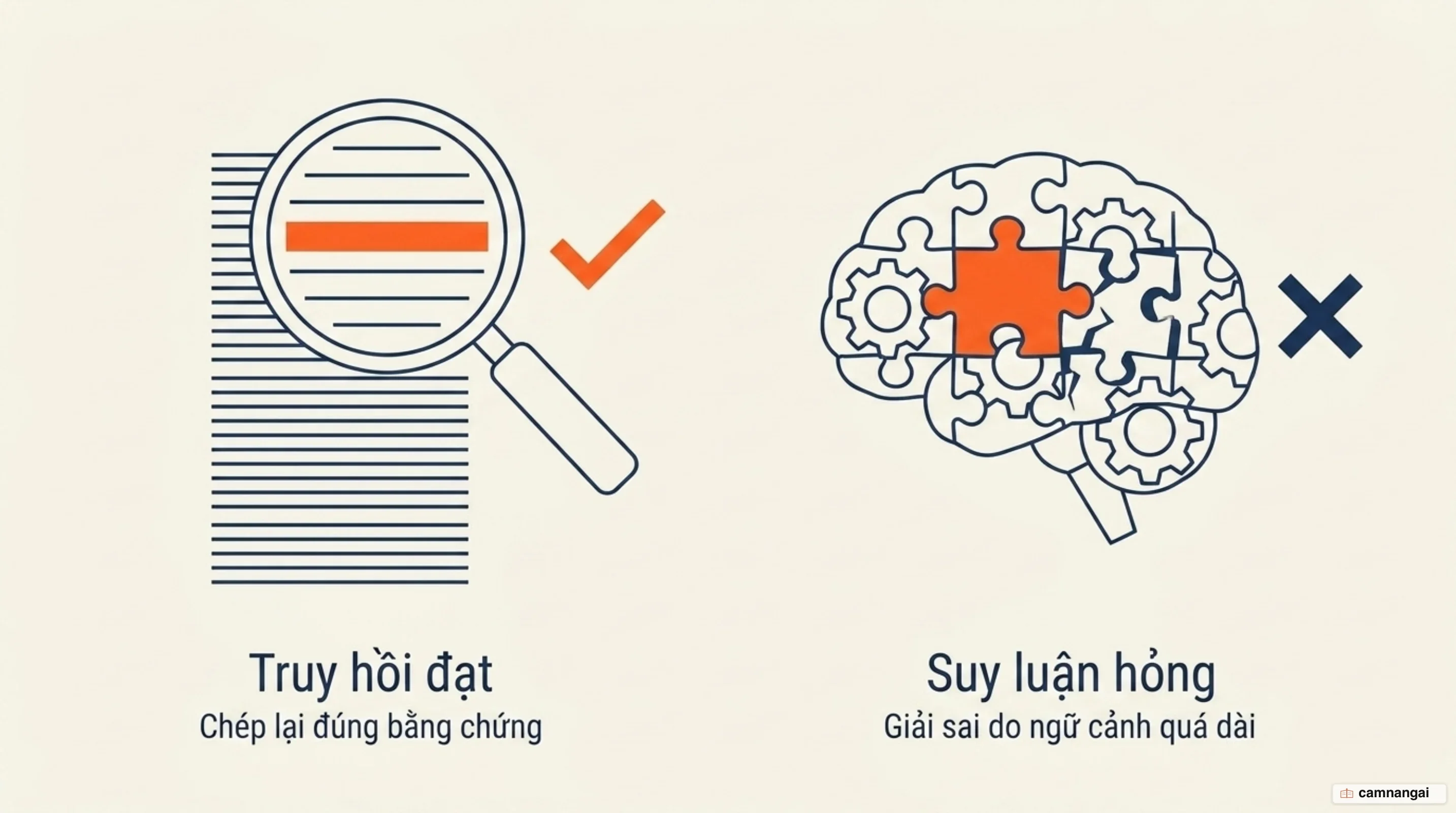 Mô hình trích xuất đúng bằng chứng nhưng vẫn trả lời sai, cho thấy truy hồi chỉ là điều kiện cần